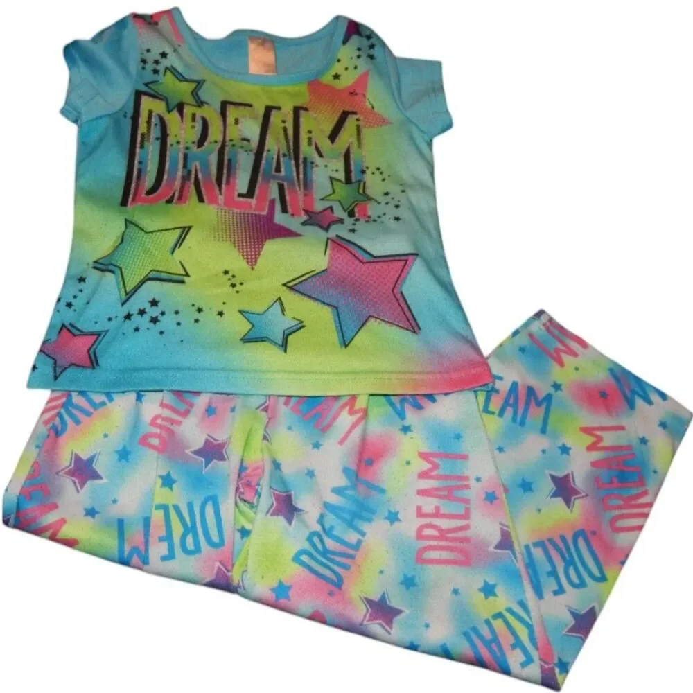 Jv Apparel girls x-small 4/5 blue green pink Dream star pajama set tee and pants